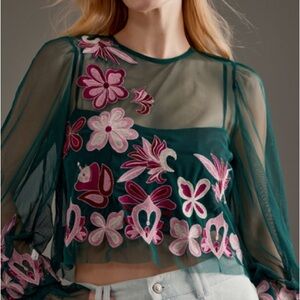 WLP - Anthropologie Embroidered Sheer Green Top
